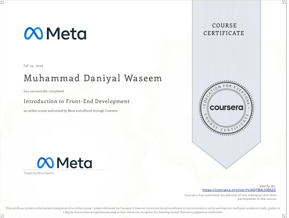Introduction to Front-End Development certificate issued by Meta · Coursera