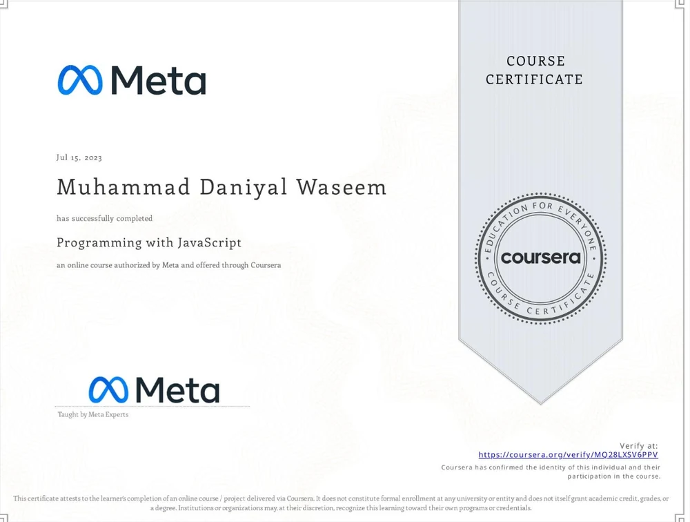 Programming with JavaScript certificate issued by Meta · Coursera